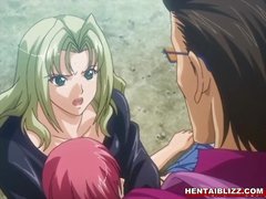 Busty Japanese hentai blowjob a cock